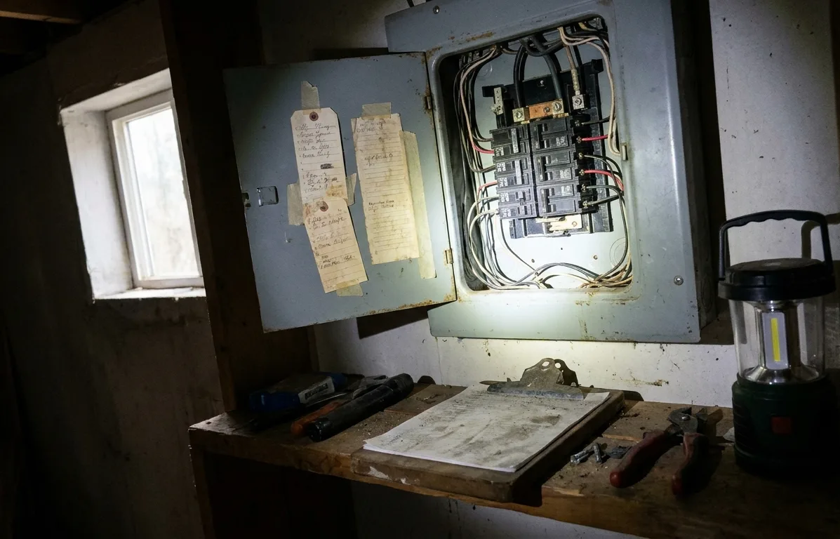 A panel with handwritten labels