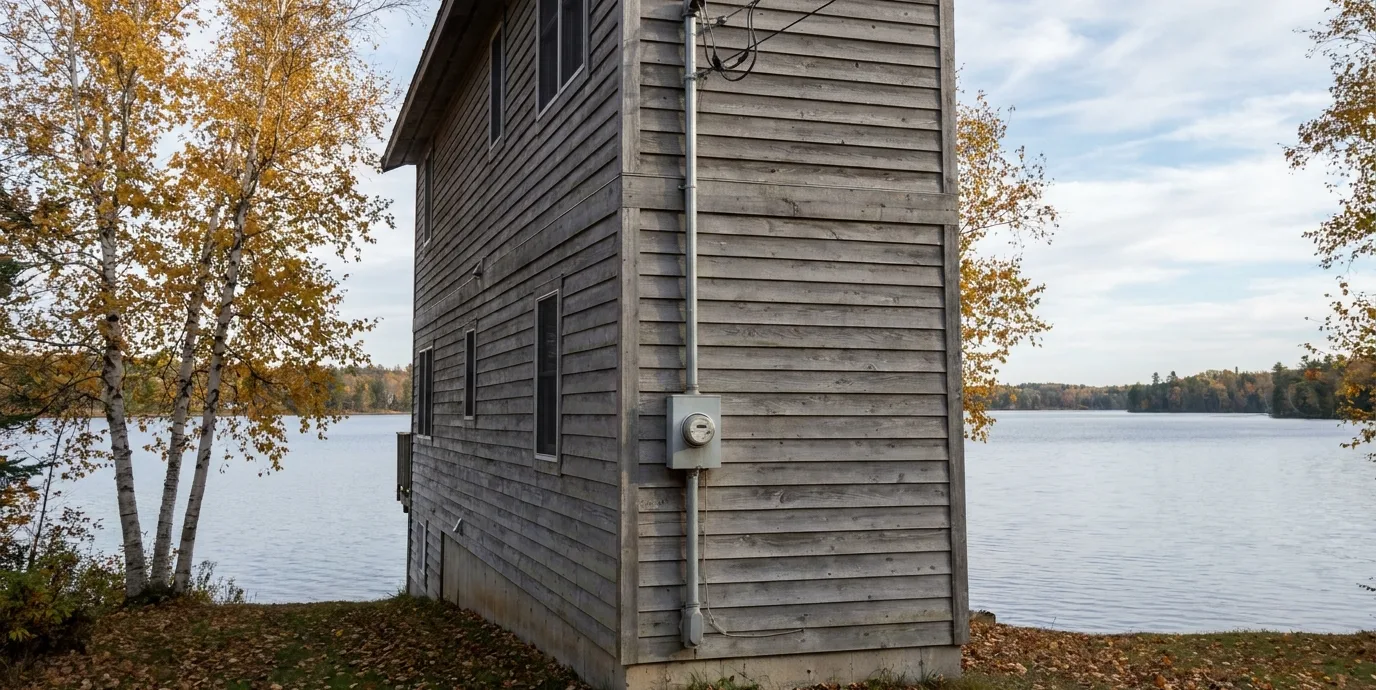 A lakeside home with its electric service mast